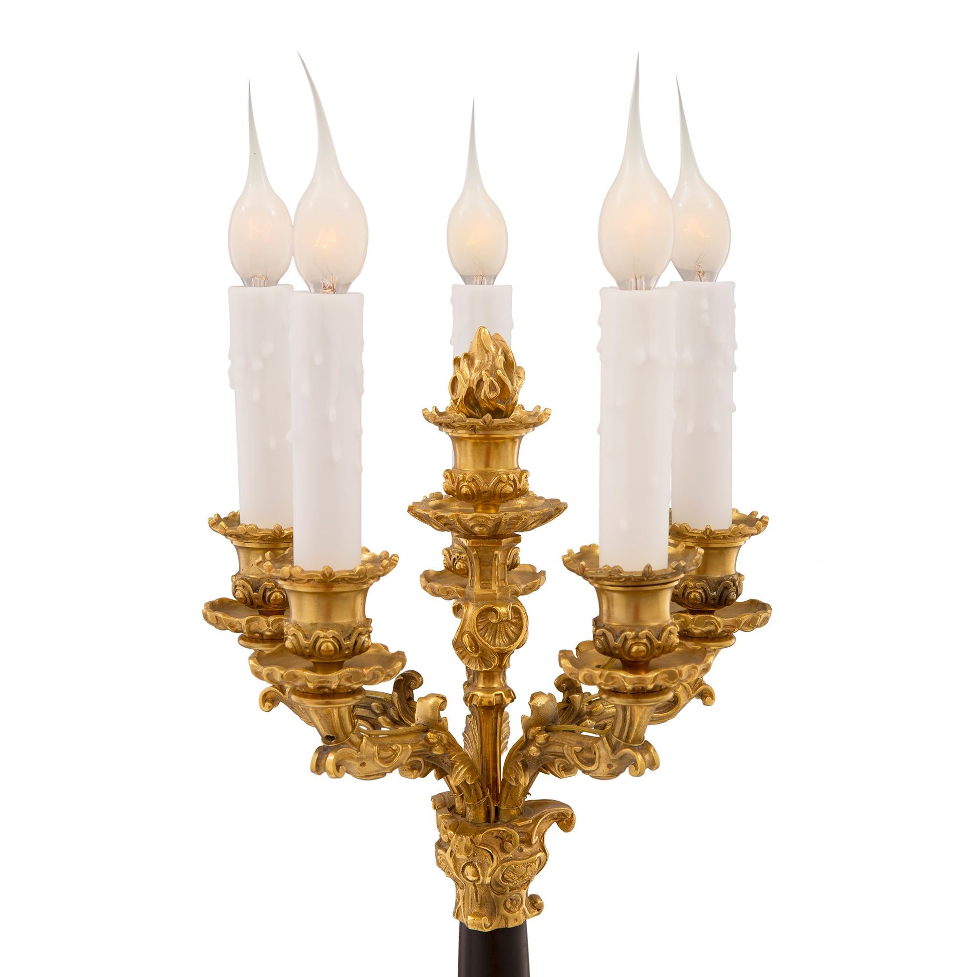 Patinated Pair of French Mid-19th Century Neoclassical Bronze, Ormolu and Marble Lamps For Sale