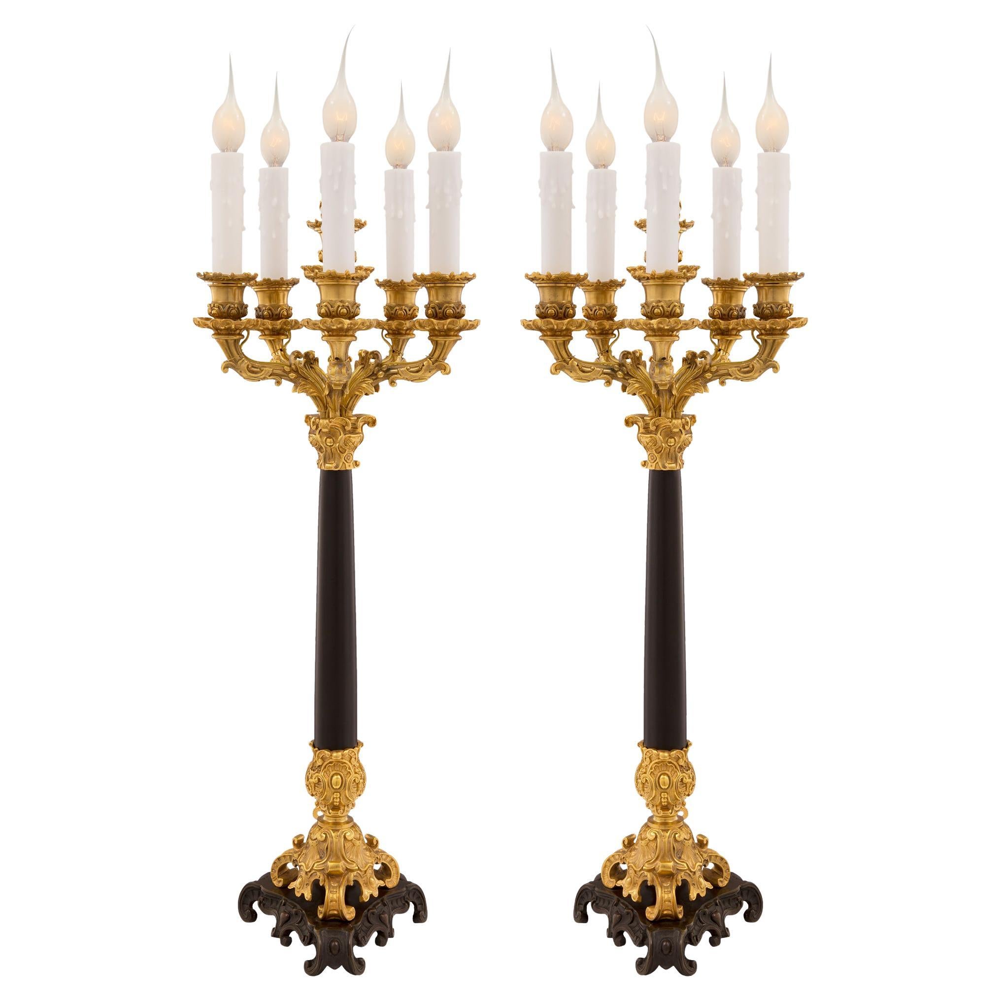 Pair of French Mid-19th Century Neoclassical Bronze, Ormolu and Marble Lamps