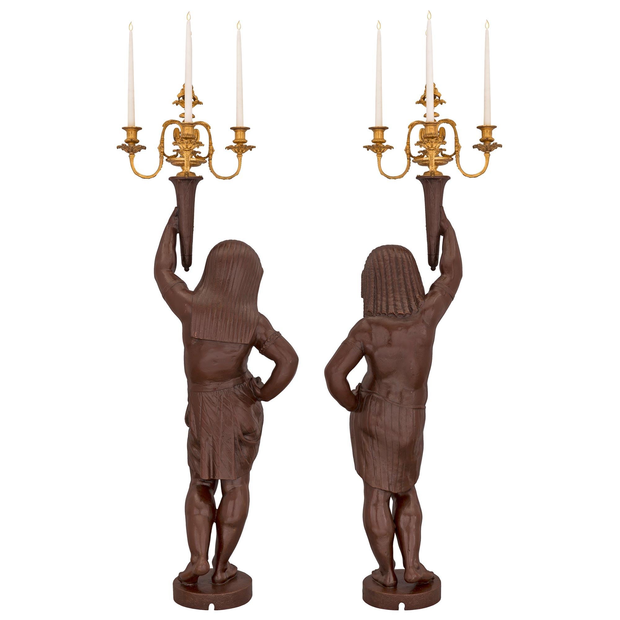 Pair of French Mid-19th Century Patinated Bronze and Ormolu Candelabra Statues For Sale 8