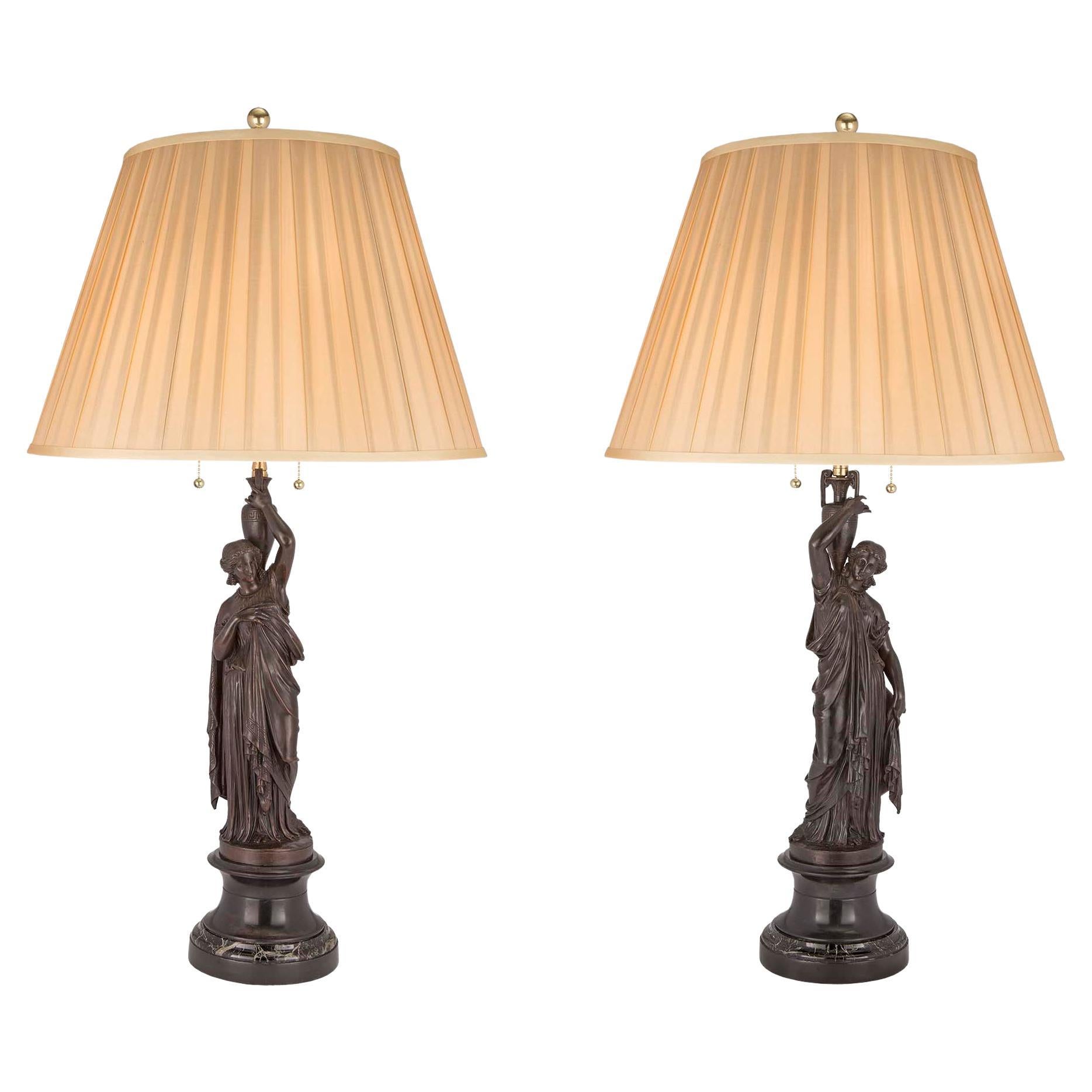 Pair of French Mid 19th Century Patinated Bronze Lamps For Sale