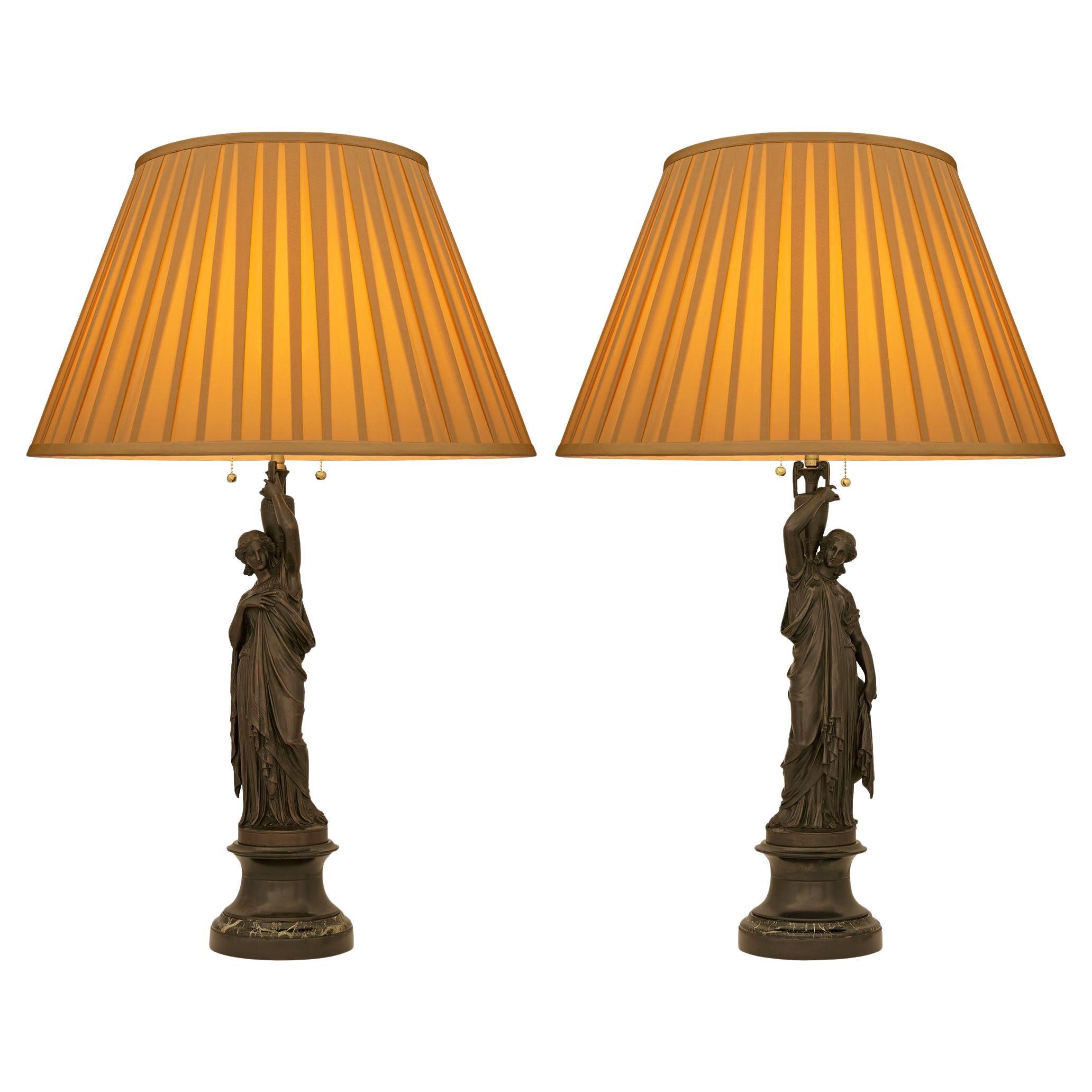 pair of French 19th century Neo-Classical st. patinated Bronze and marble lamps