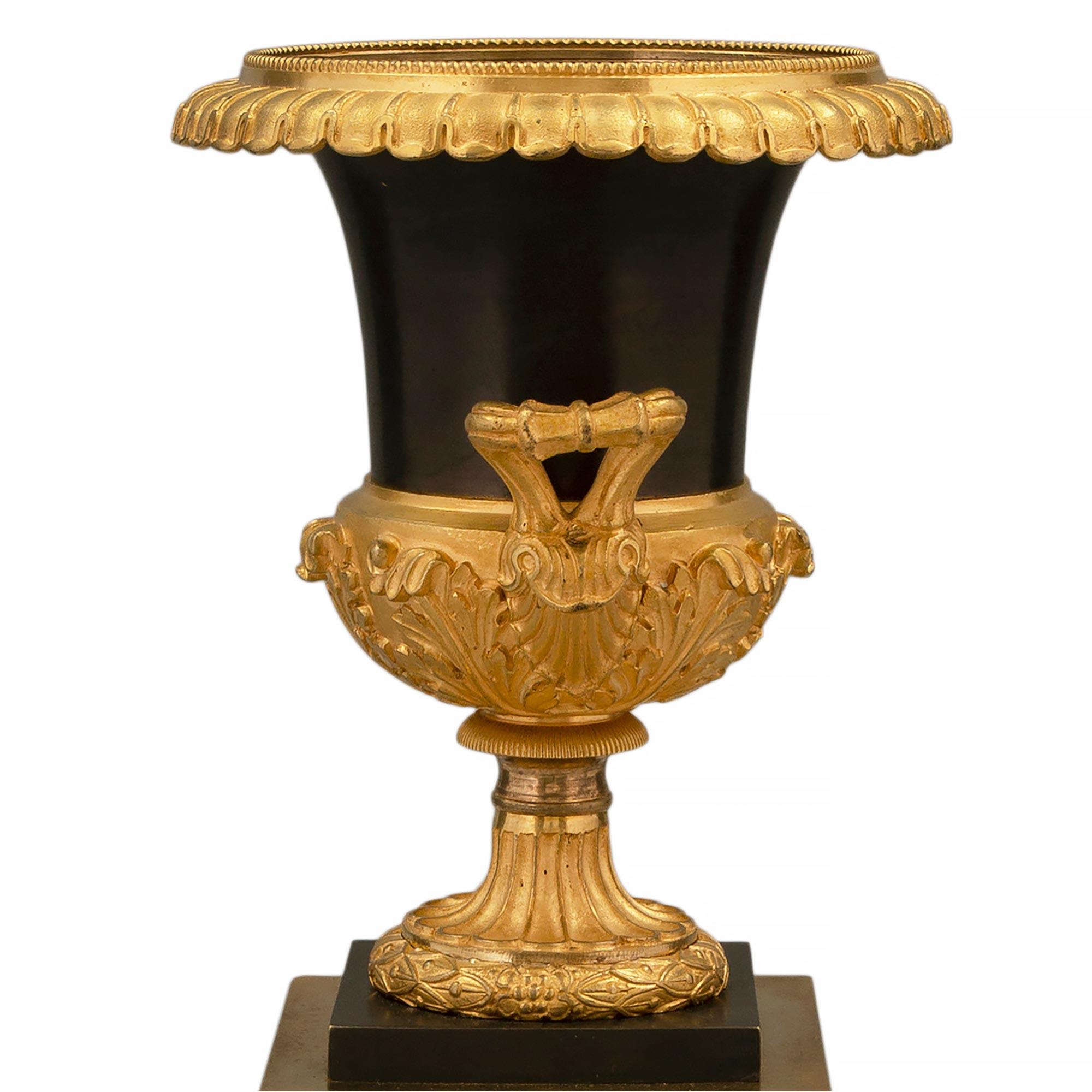 Pair of French Mid-19th Century Patinated Bronze & Ormolu Neoclassical St. Urns For Sale 1