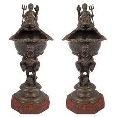 Pair of French Mid-19th Century Renaissance Style Bronze and Marble Ewers