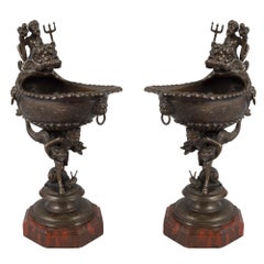 Pair of French Mid-19th Century Renaissance Style Bronze and Marble Ewers