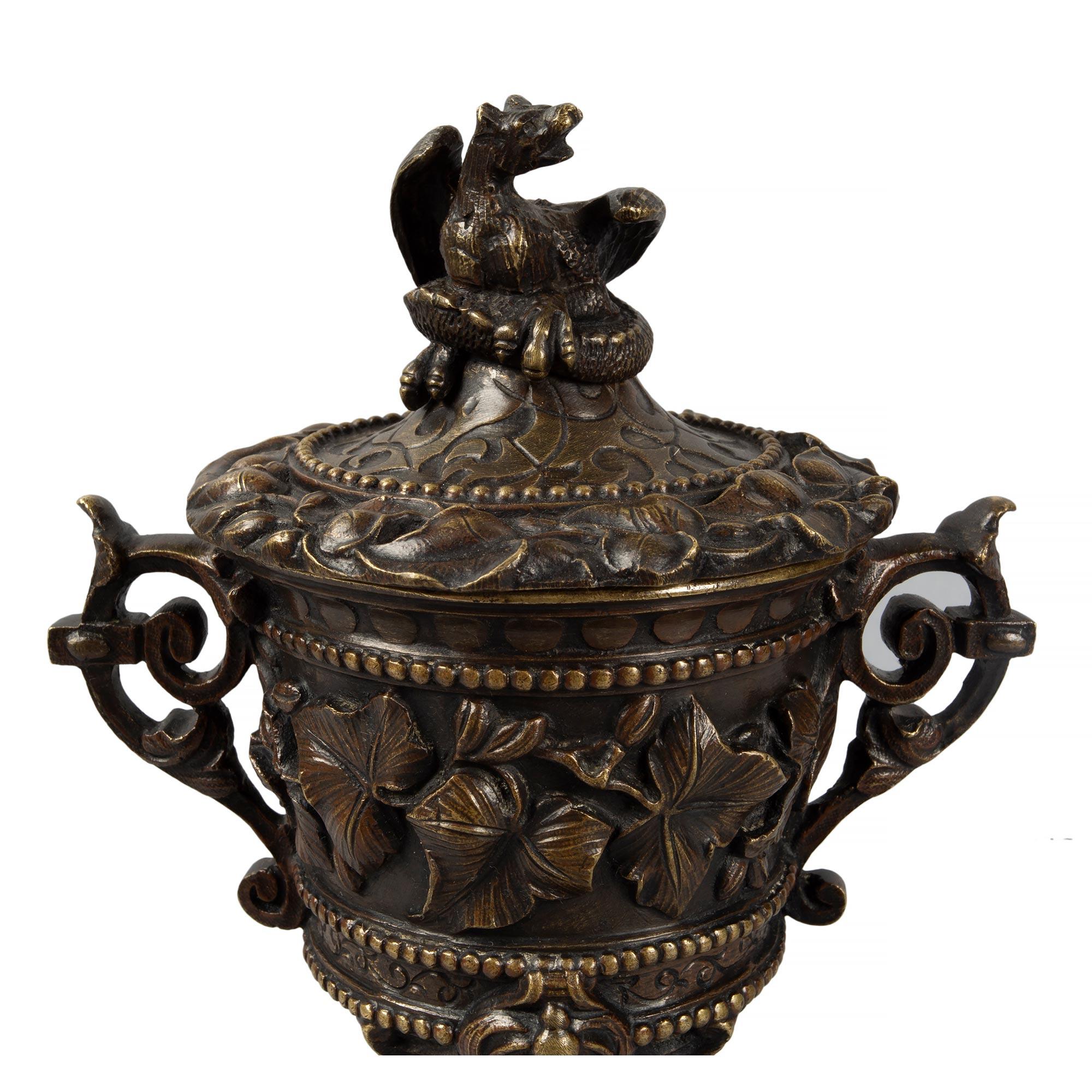 Pair of French Mid-19th Century Renaissance Style Patinated Bronze Lidded Urns For Sale 3