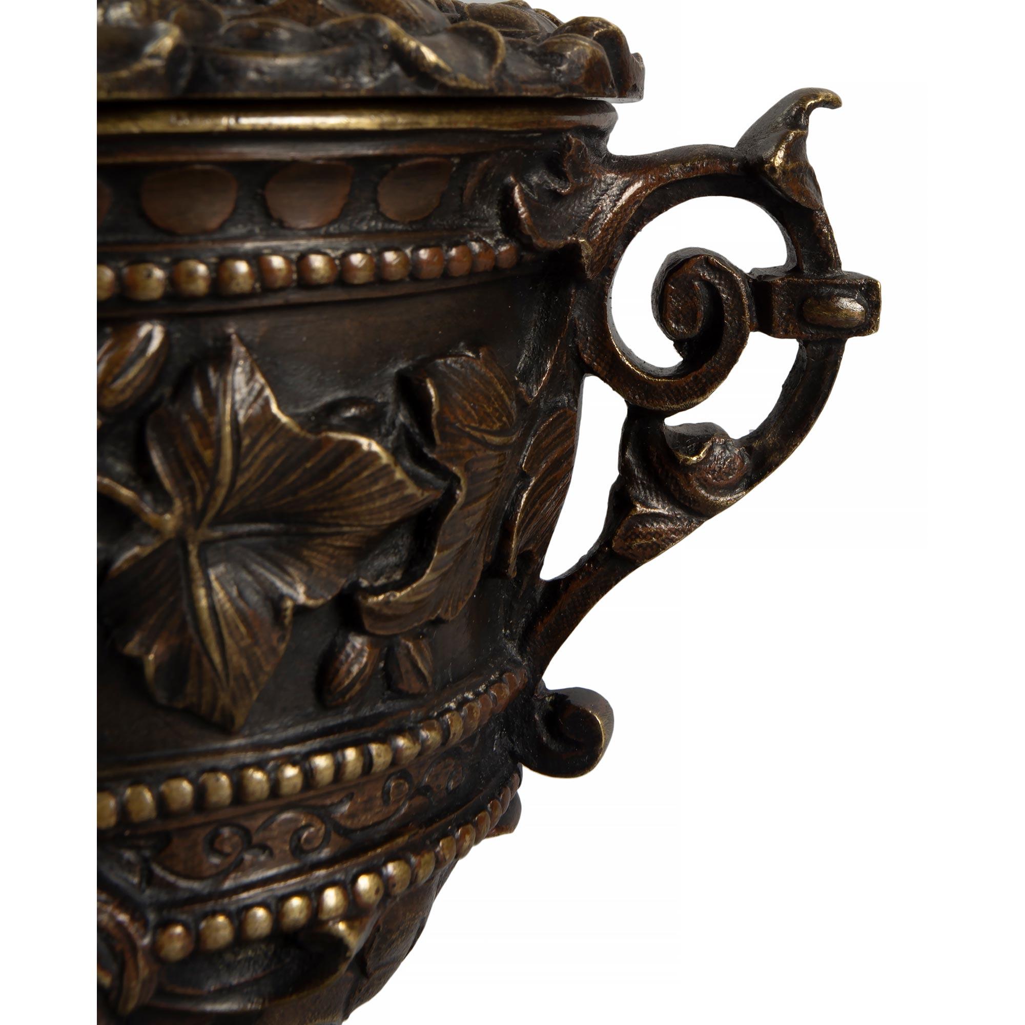 Pair of French Mid-19th Century Renaissance Style Patinated Bronze Lidded Urns For Sale 4