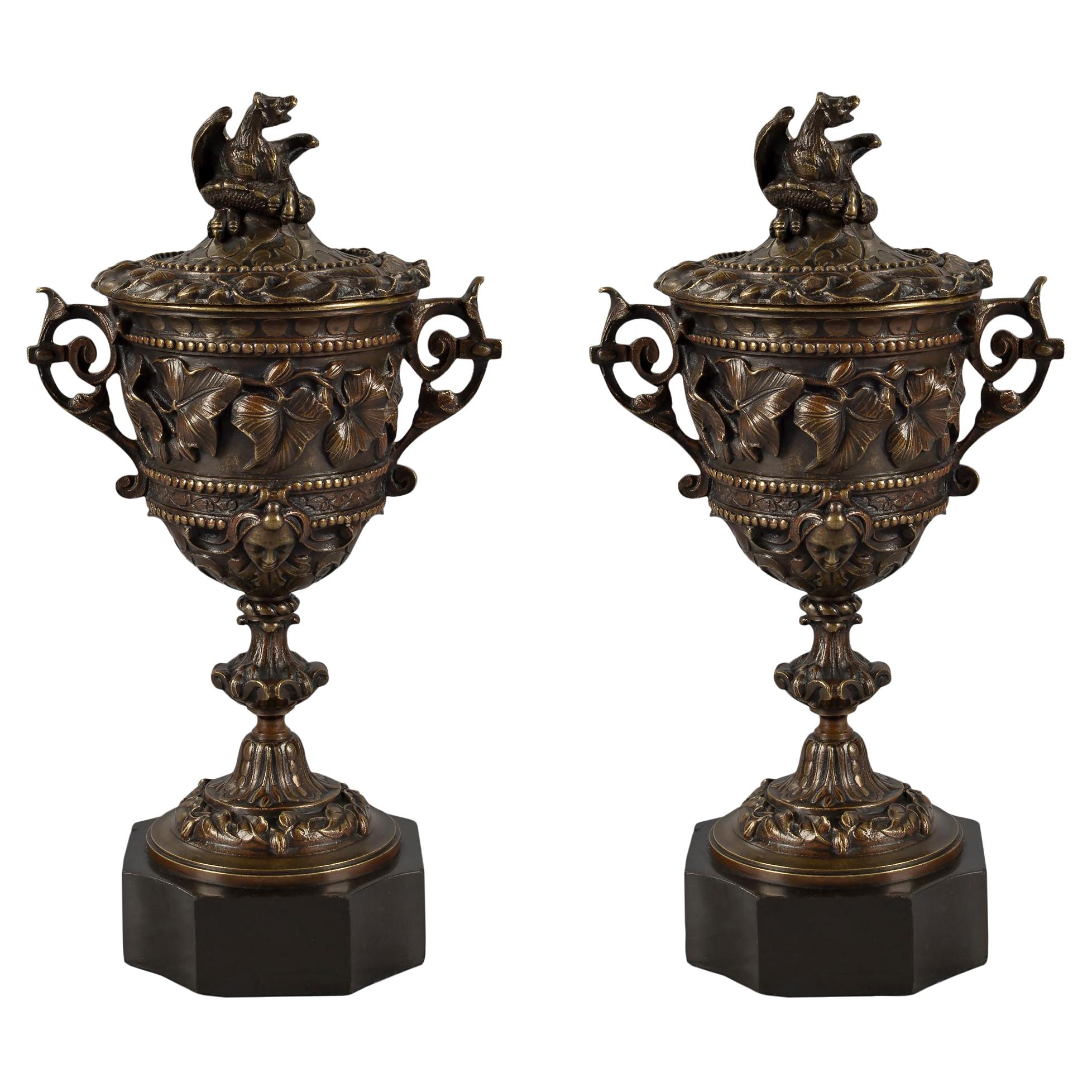 Pair of French Mid-19th Century Renaissance Style Patinated Bronze Lidded Urns