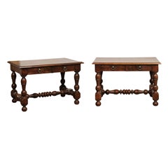 Pair of French Mid-19th Century Walnut Tables with Drawers and Turned Base Antique Pair of French Mid-19th Century Walnut Tables with Drawers and Turned Base