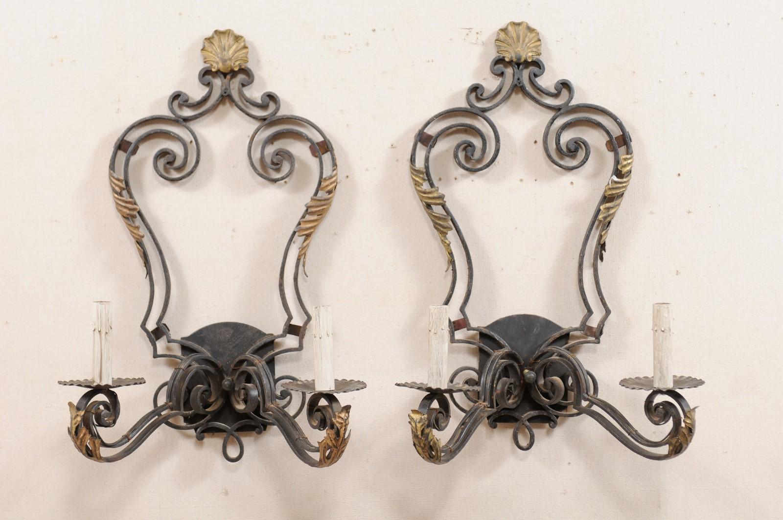Painted Pair of French Mid-20th Century Black and Gold Iron Sconces For Sale