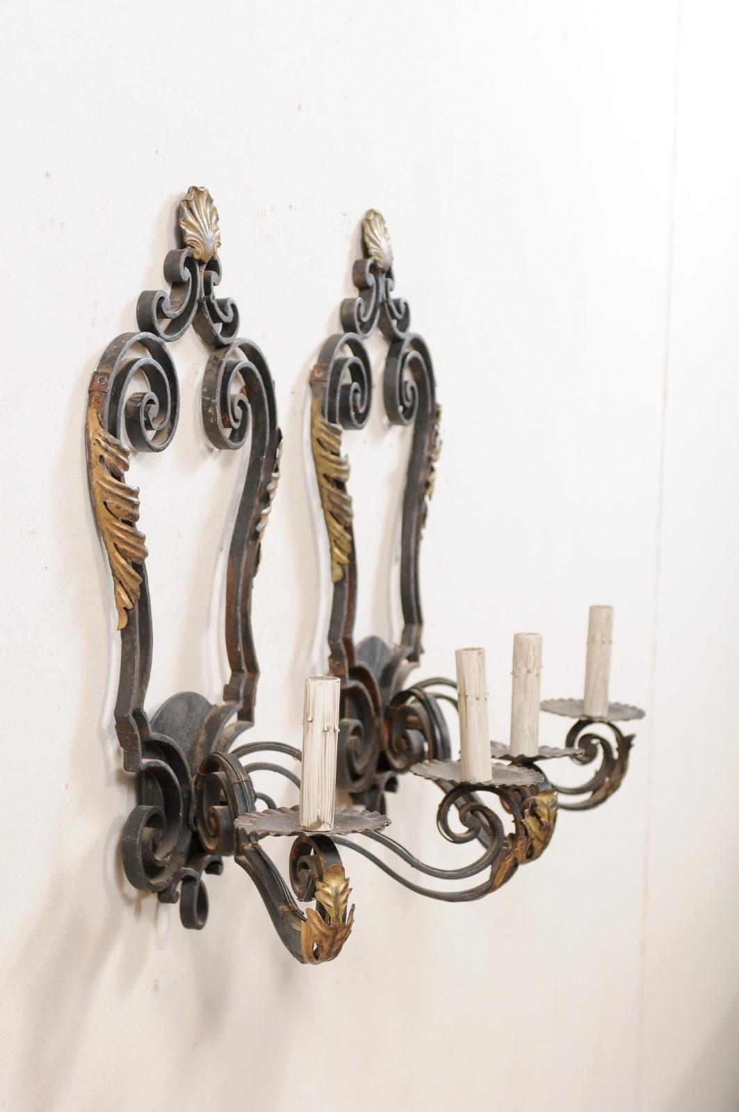Pair of French Mid-20th Century Black and Gold Iron Sconces For Sale 1