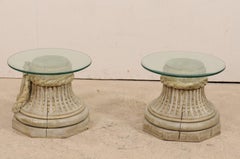 French Pair of Carved Capital Base Side Tables with 20" Diameter Glass Tops