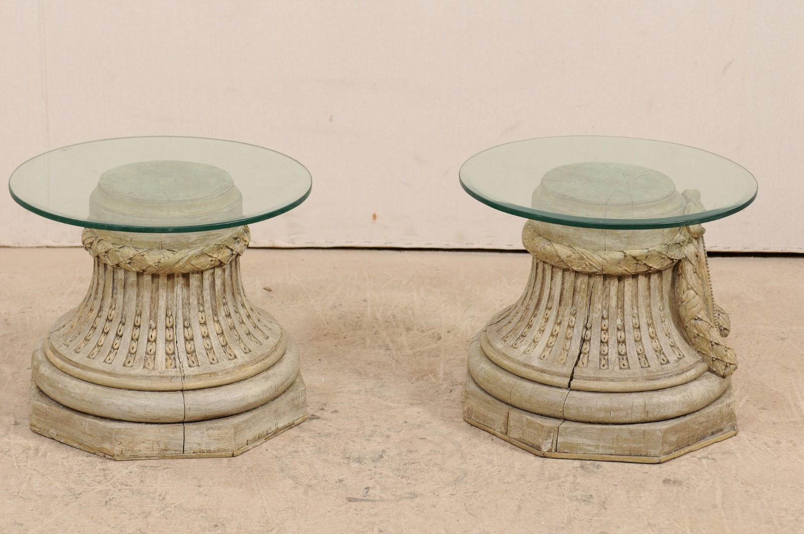 20th Century French Pair of Carved Capital Base Side Tables with 20