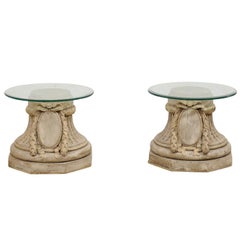French Pair of Carved Capital Base Side Tables with 20" Diameter Glass Tops