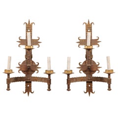 Pair of French Mid-20th Century Forged-Iron Gold Sconces with Fleur-de-Lis Motif