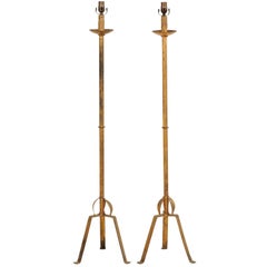 Pair of French Mid-20th Century Gold Painted Iron Floor Lamps