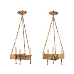 Pair of French Mid-20th Century Iron Chandeliers with Three Torch Style Arms