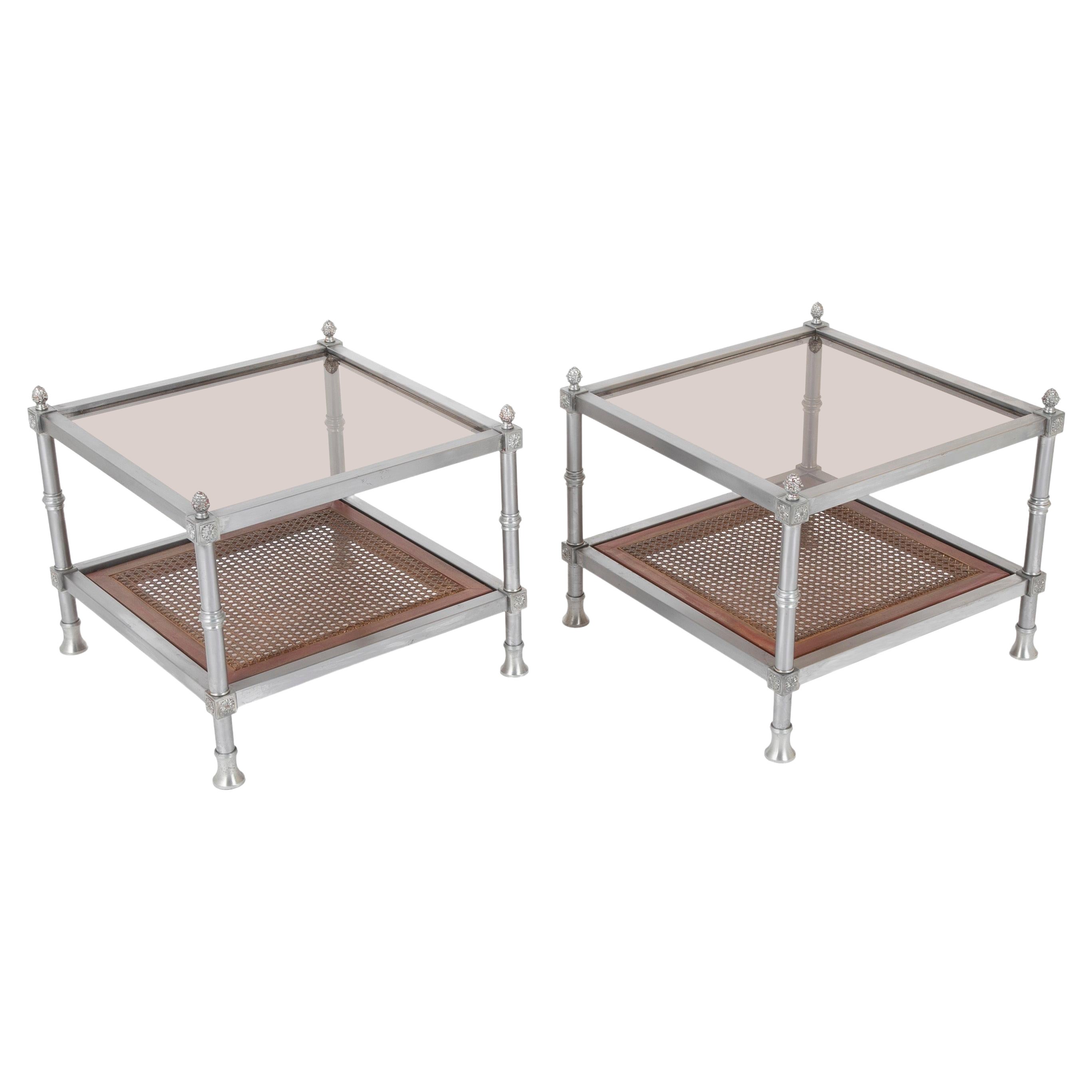 Pair of French Mid-20th Century Maison Jansen Style Brushed Steel Side Tables