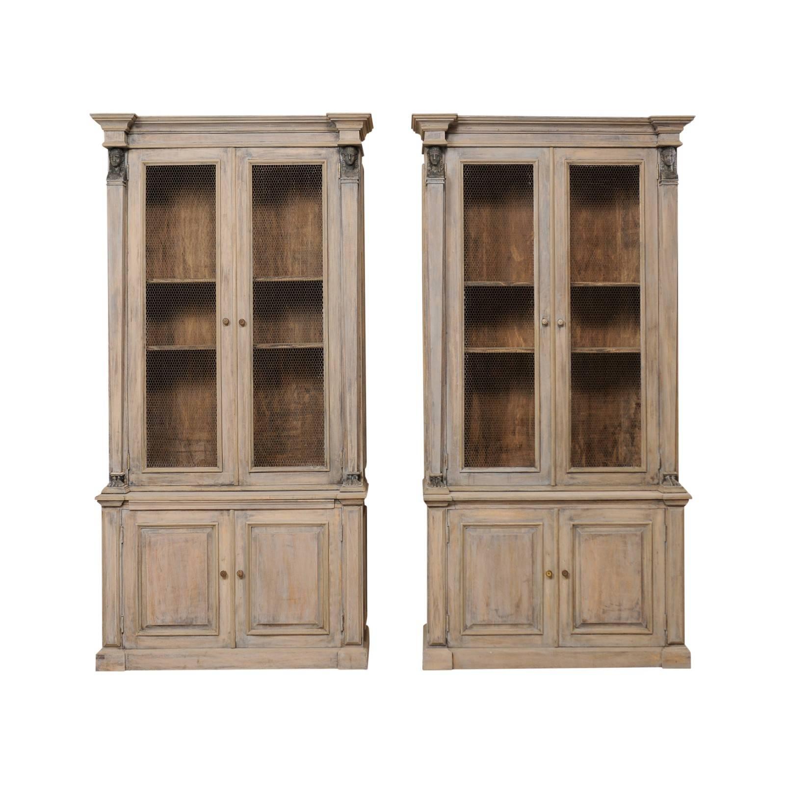 Pair of French Mid-20th Century Tall Painted Wood Neoclassical Style Cabinets