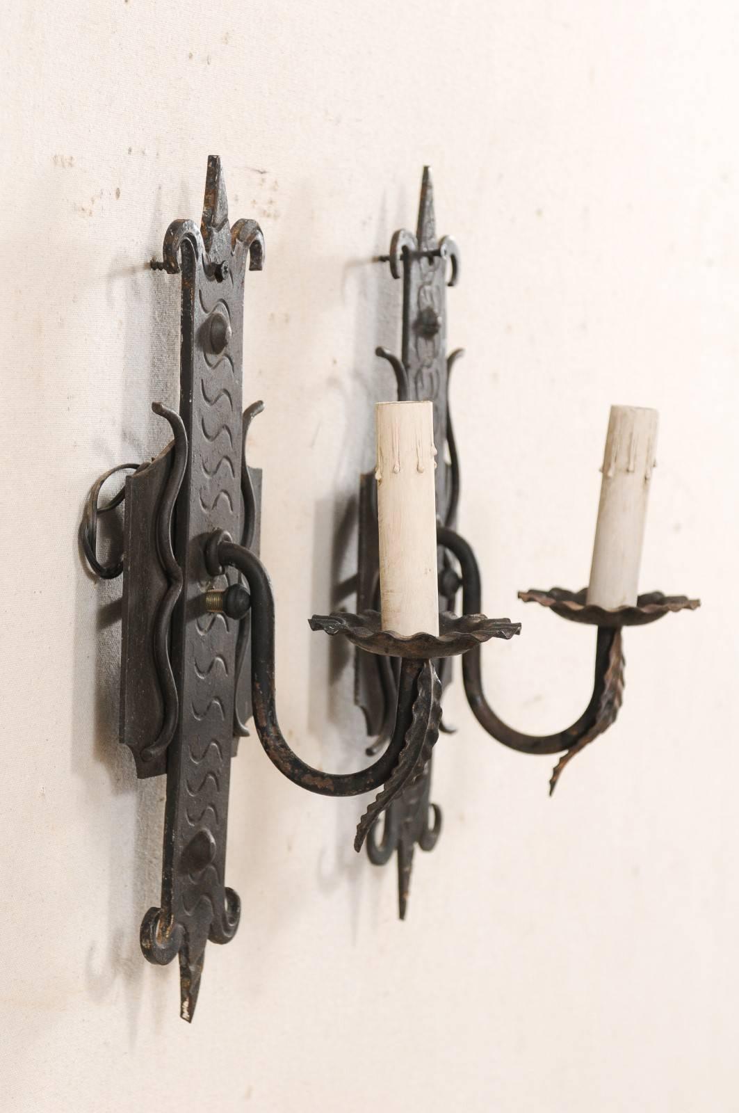 Metal Pair of French Mid-20th Century Vintage One-Light Iron Sconces