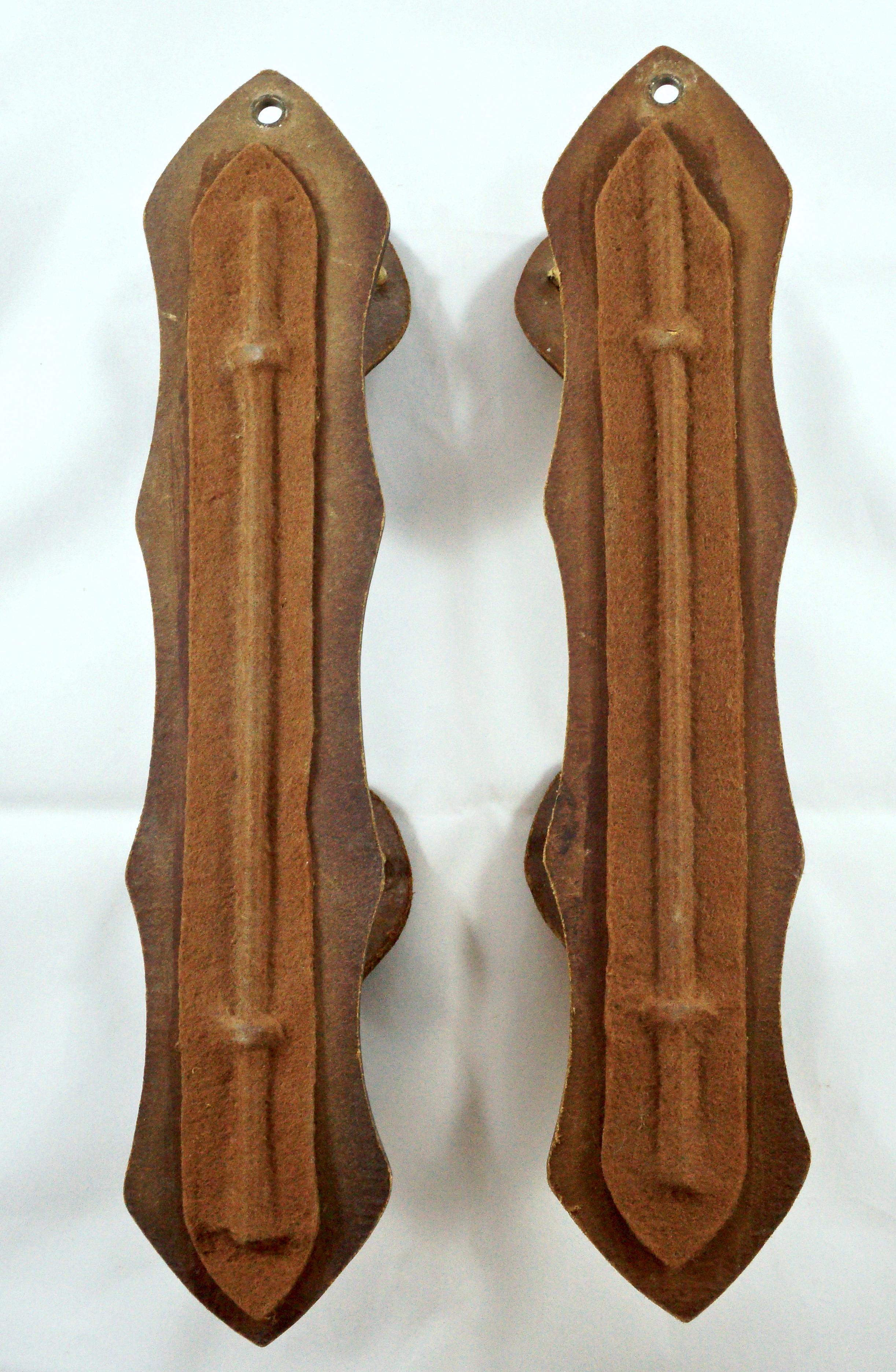 Pair of French Mid Brown Leather and Brass Deer Design Gun Racks 1