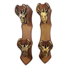 Pair of French Mid Brown Leather and Brass Deer Design Gun Racks