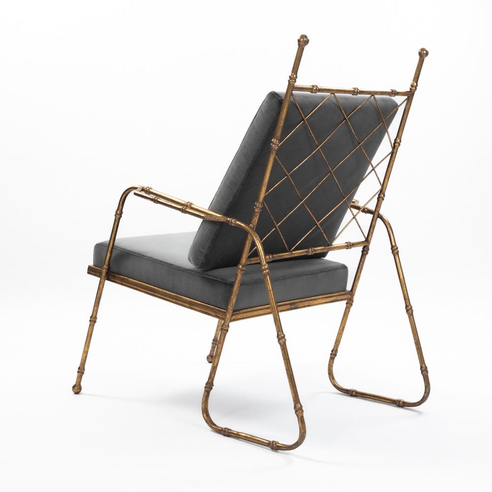 Pair of French Mid-Centruy Gilt Iron Faux Bamboo Armchairs Grey Velvet 1980s For Sale 5