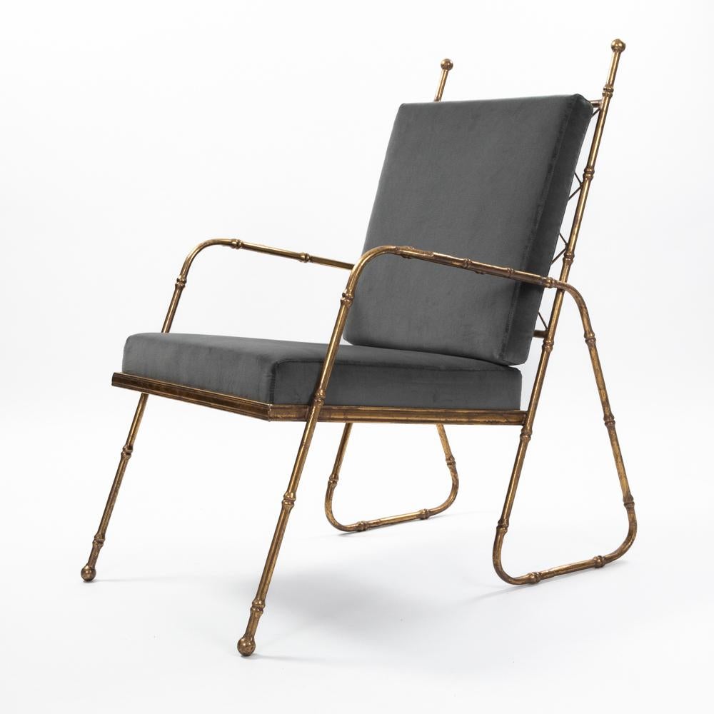 Pair of French Mid-Centruy Gilt Iron Faux Bamboo Armchairs Grey Velvet 1980s For Sale 7