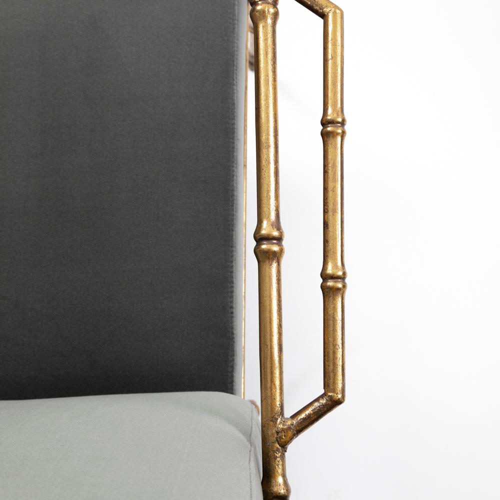Pair of French Mid-Centruy Gilt Iron Faux Bamboo Armchairs Grey Velvet 1980s For Sale 13