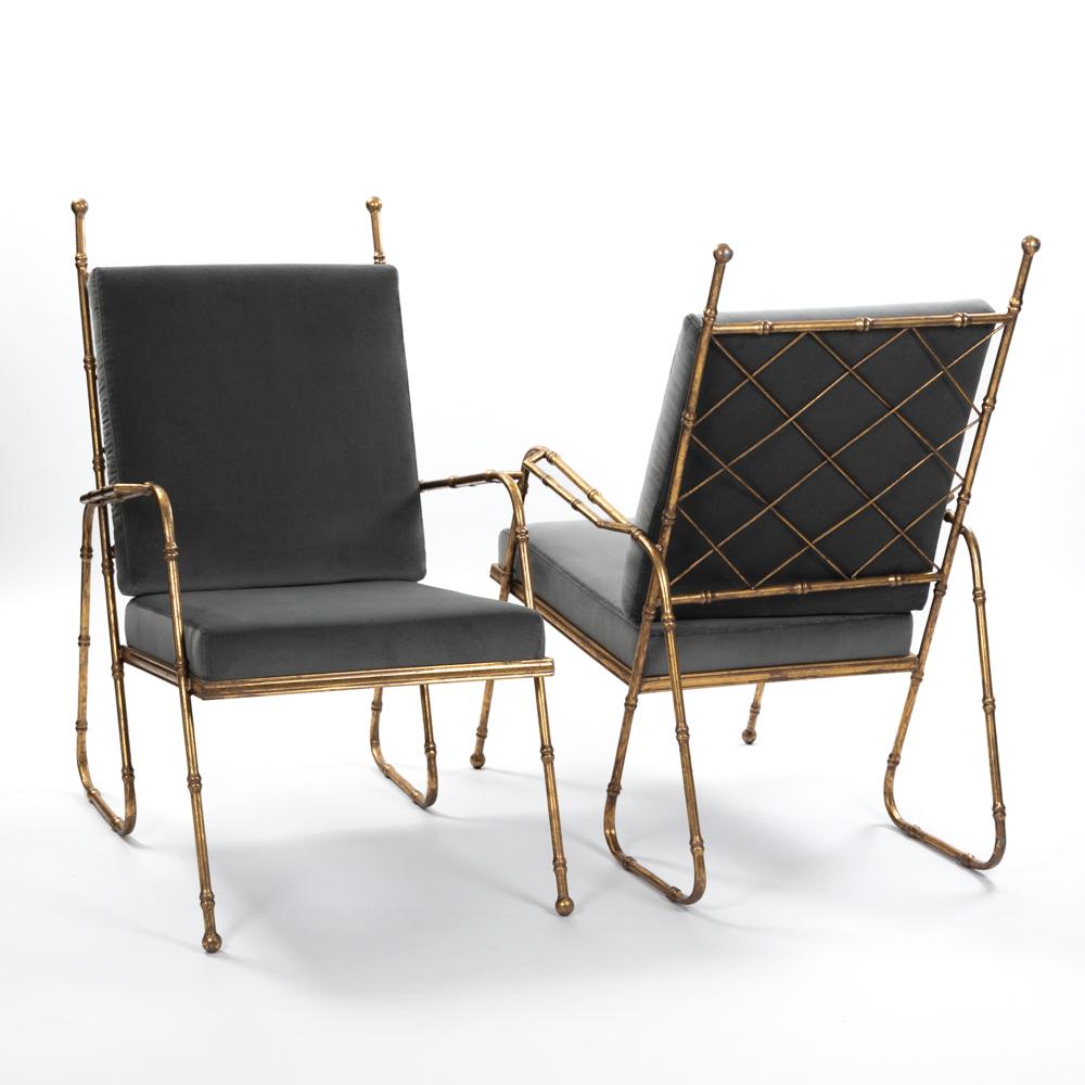 Mid-Century Modern Pair of French Mid-Centruy Gilt Iron Faux Bamboo Armchairs Grey Velvet 1980s For Sale