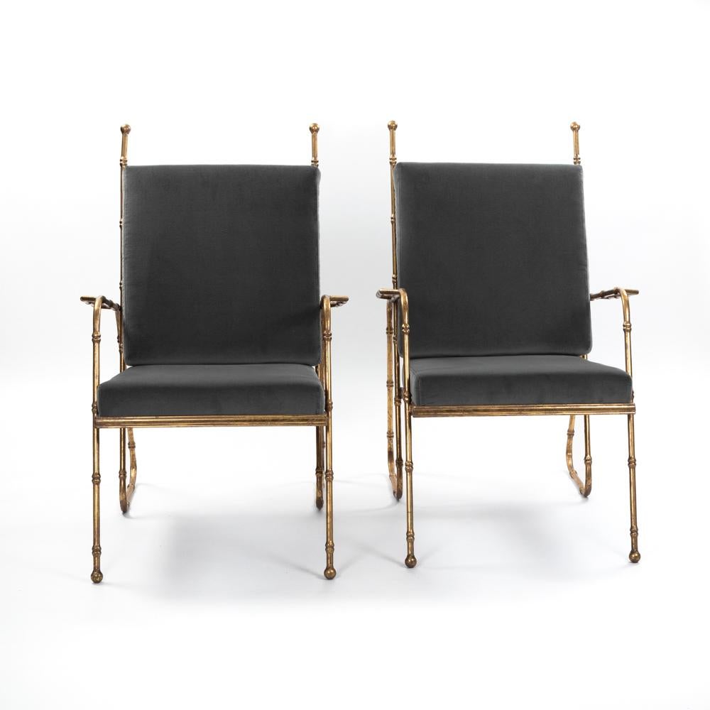 Mid-Century Modern Pair of French Mid-Centruy Gilt Iron Faux Bamboo Armchairs Grey Velvet 1980s For Sale