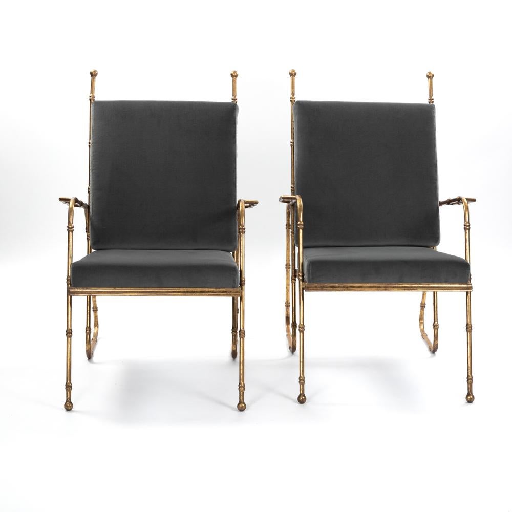 Pair of French Mid-Centruy Gilt Iron Faux Bamboo Armchairs Grey Velvet 1980s In Excellent Condition For Sale In Salzburg, AT
