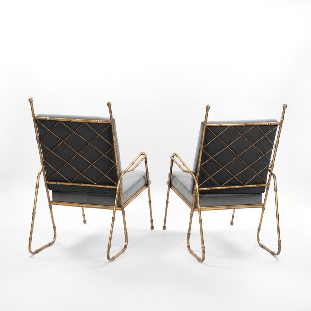 20th Century Pair of French Mid-Centruy Gilt Iron Faux Bamboo Armchairs Grey Velvet 1980s For Sale
