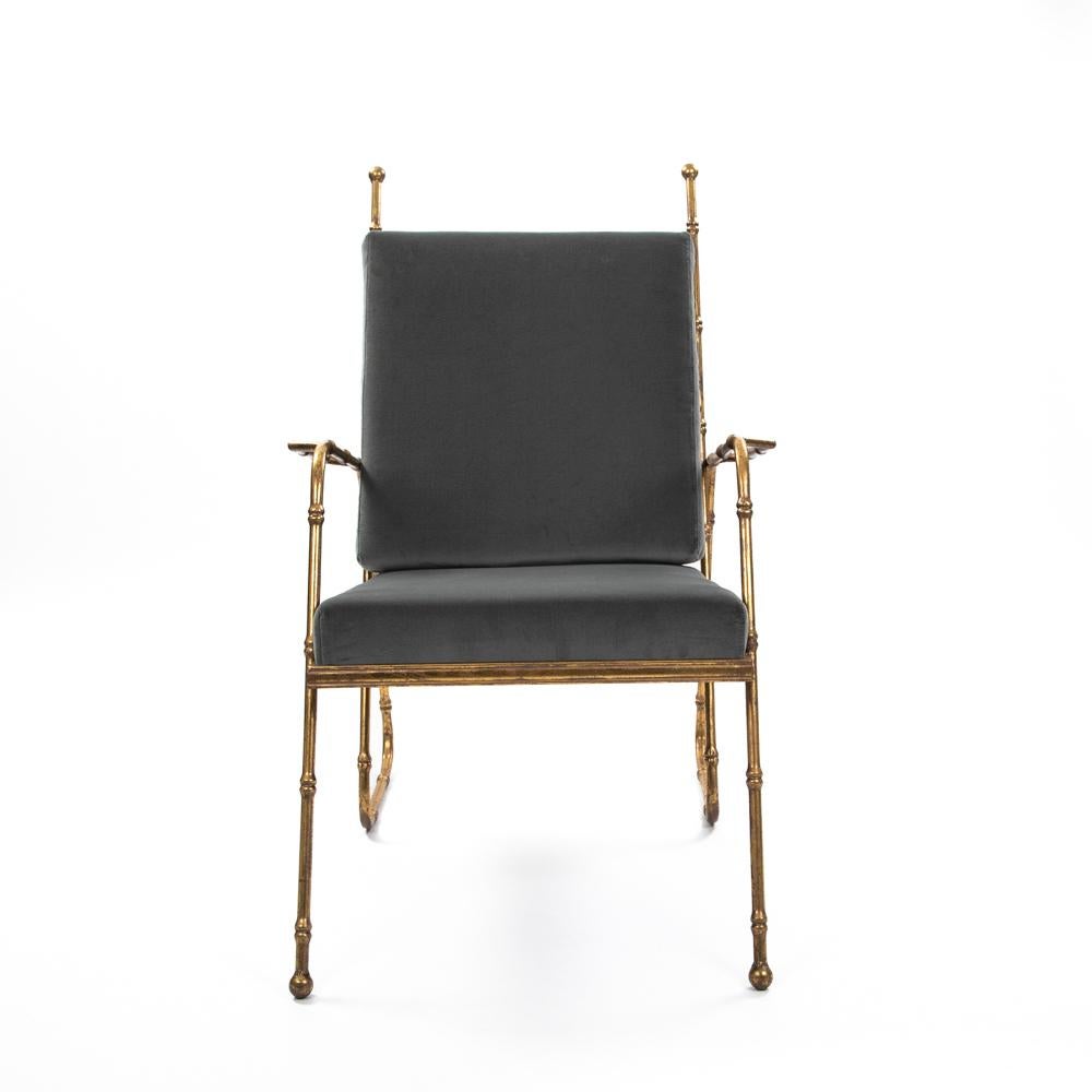 20th Century Pair of French Mid-Centruy Gilt Iron Faux Bamboo Armchairs Grey Velvet 1980s For Sale