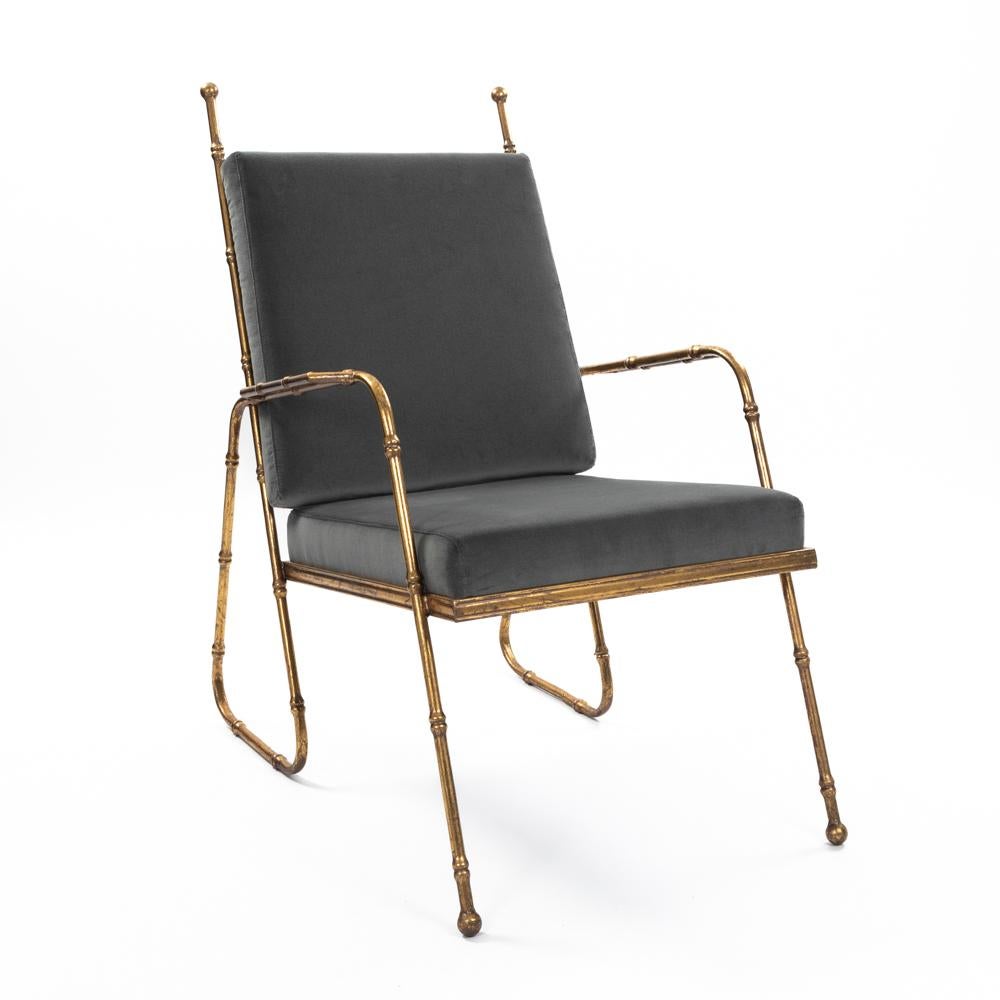 Pair of French Mid-Centruy Gilt Iron Faux Bamboo Armchairs Grey Velvet 1980s For Sale 1