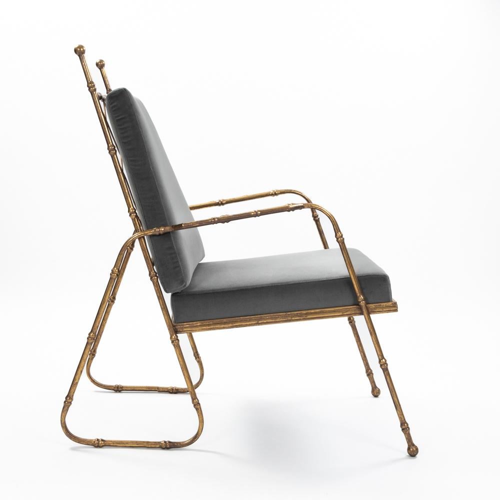 Pair of French Mid-Centruy Gilt Iron Faux Bamboo Armchairs Grey Velvet 1980s For Sale 2