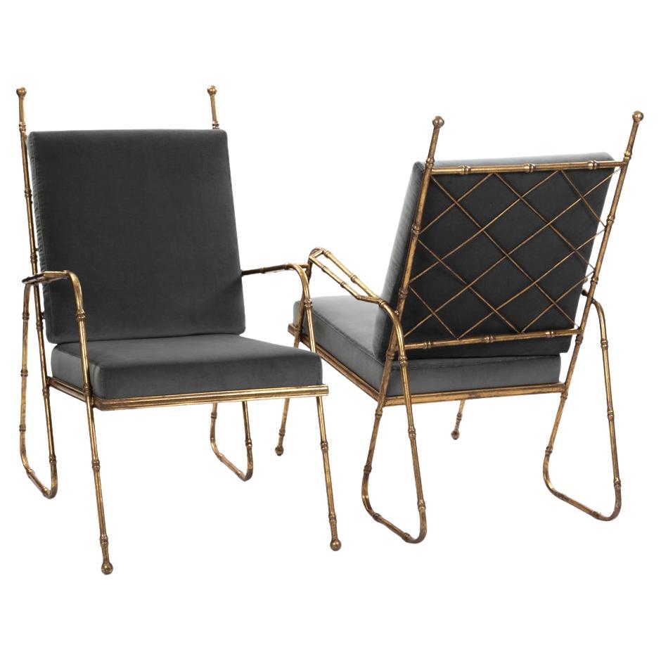Pair of French Mid-Centruy Gilt Iron Faux Bamboo Armchairs Grey Velvet 1980s