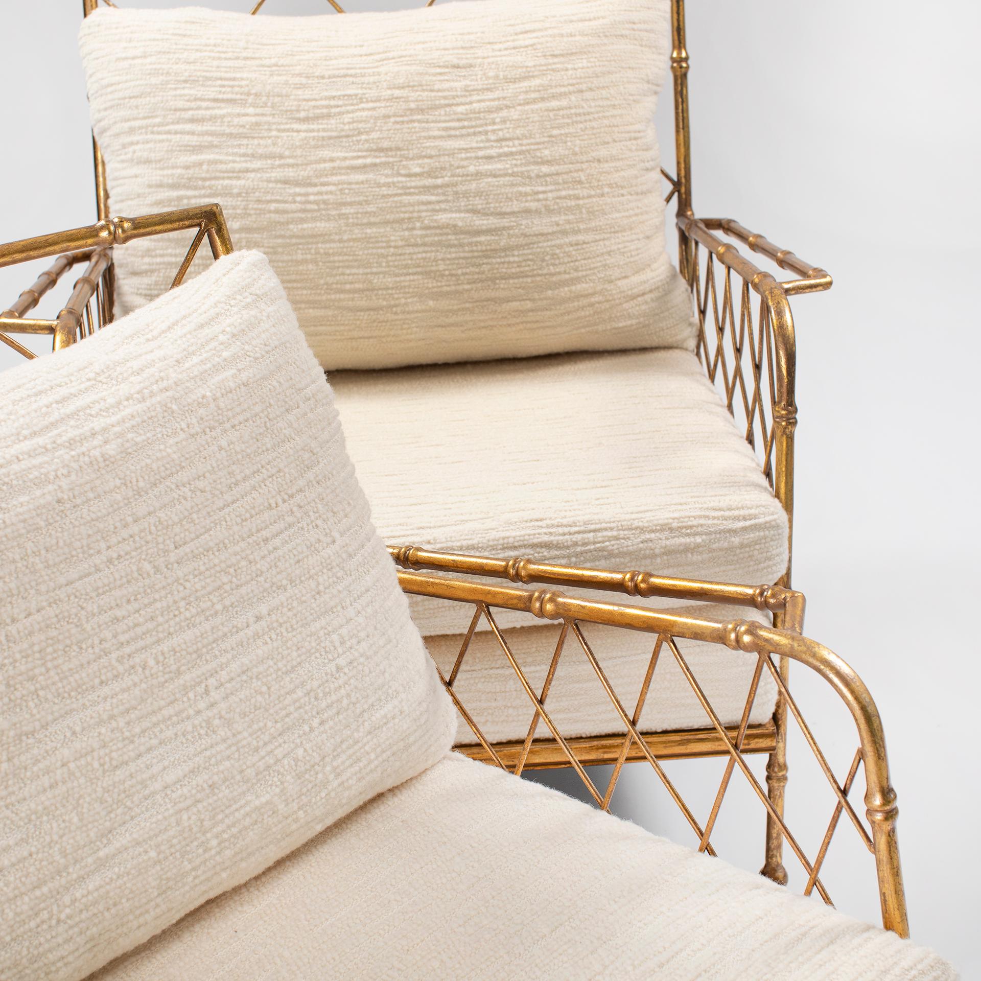 Pair of French Mid-Centruy Gilt Iron Faux Bamboo Armchairs Offwhite Bouclé 1980s 4