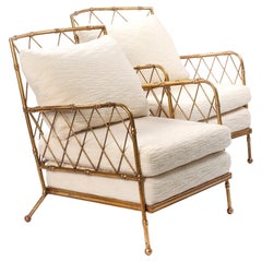 Pair of French Mid-Centruy Gilt Iron Faux Bamboo Armchairs Offwhite Bouclé 1980s