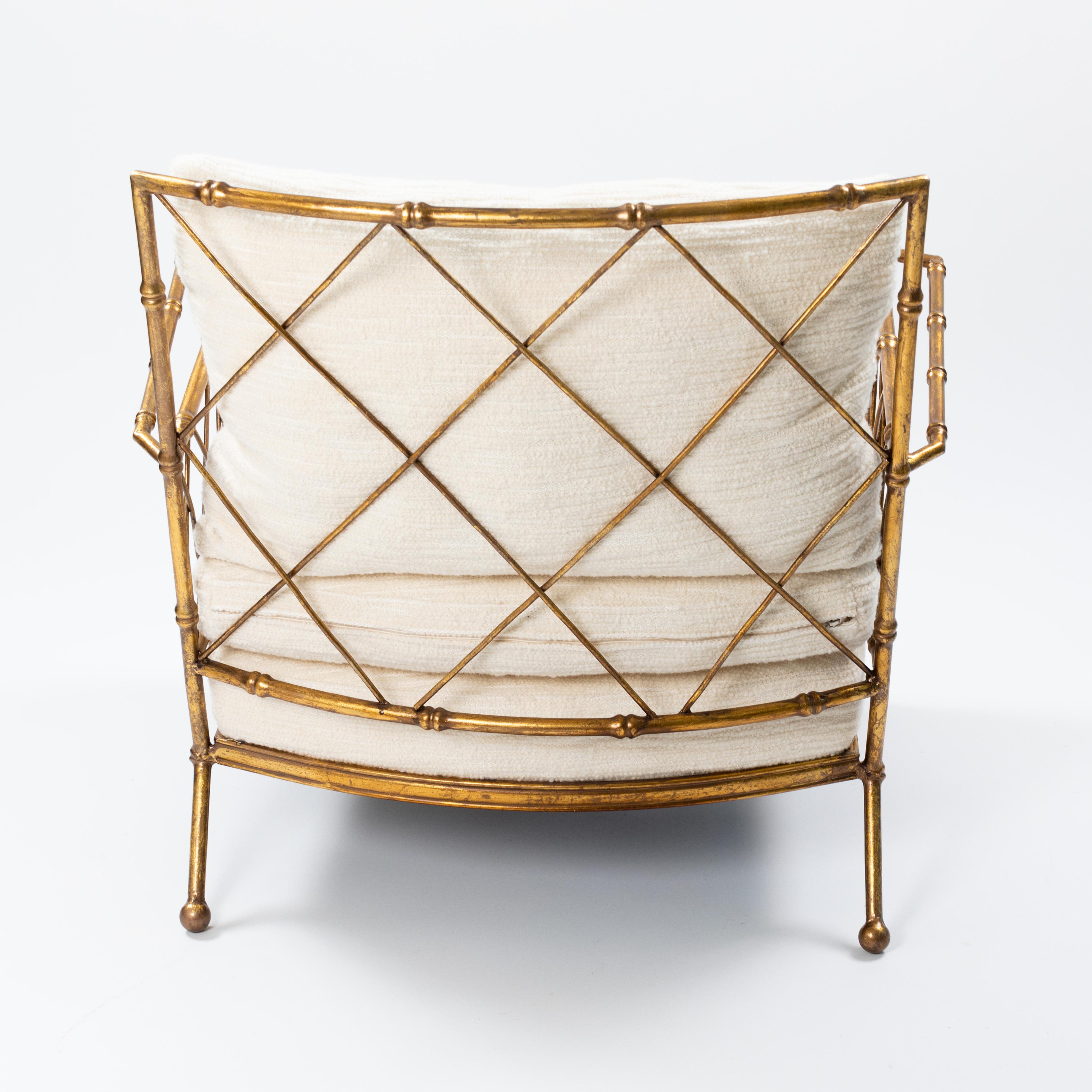 Pair of French Mid-Centruy Gilt Iron Faux Bamboo Armchairs Offwhite Linen, 1980s For Sale 4