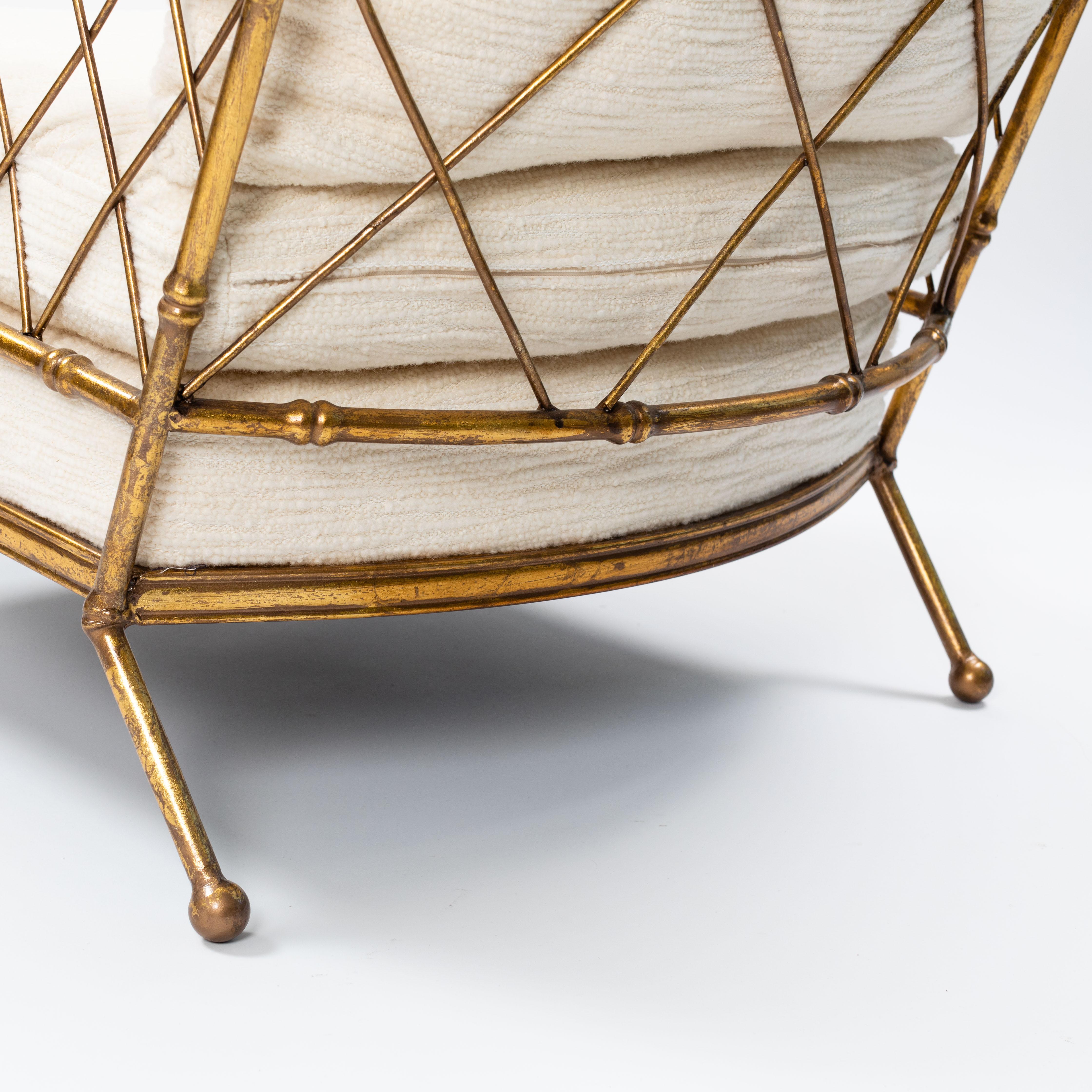 Pair of French Mid-Centruy Gilt Iron Faux Bamboo Armchairs Offwhite Linen, 1980s For Sale 5
