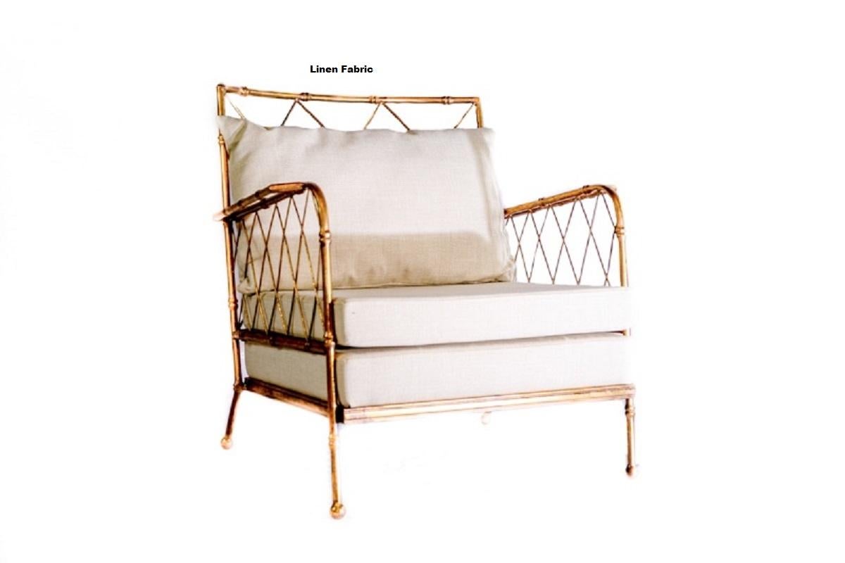 Pair of French Mid-Centruy Gilt Iron Faux Bamboo Armchairs Offwhite Linen, 1980s 6