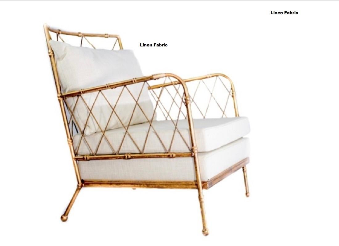 Pair of French Mid-Centruy Gilt Iron Faux Bamboo Armchairs Offwhite Linen, 1980s For Sale 6