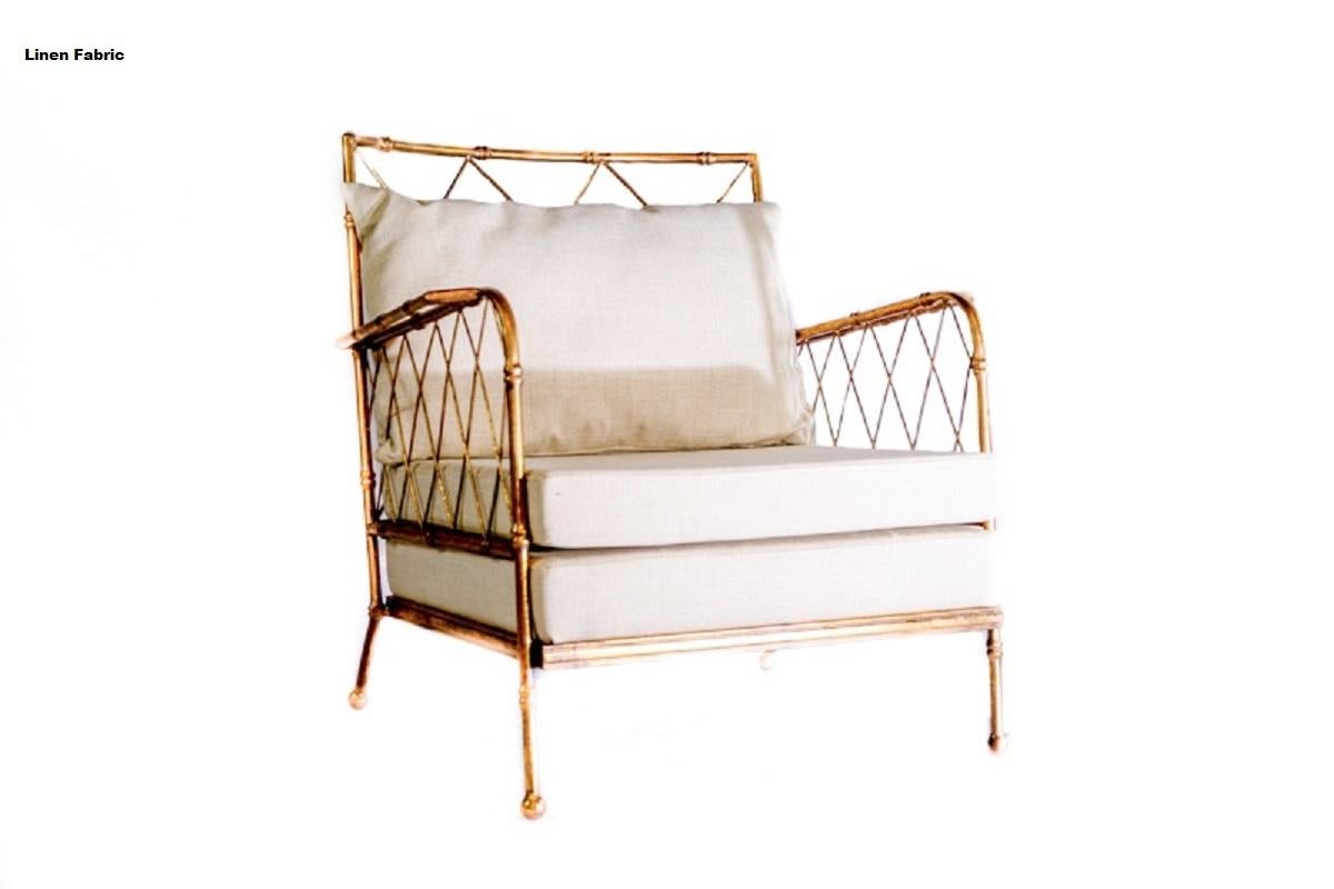 Pair of French Mid-Centruy Gilt Iron Faux Bamboo Armchairs Offwhite Linen, 1980s For Sale 7
