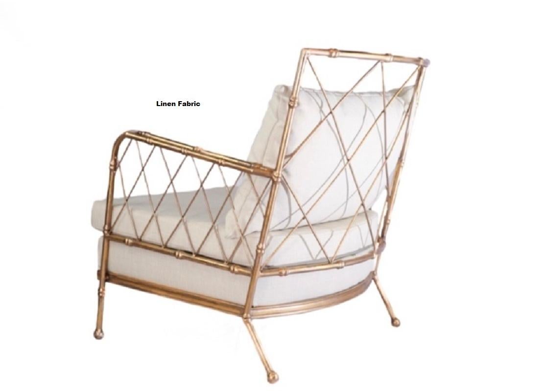 Pair of French Mid-Centruy Gilt Iron Faux Bamboo Armchairs Offwhite Linen, 1980s For Sale 8