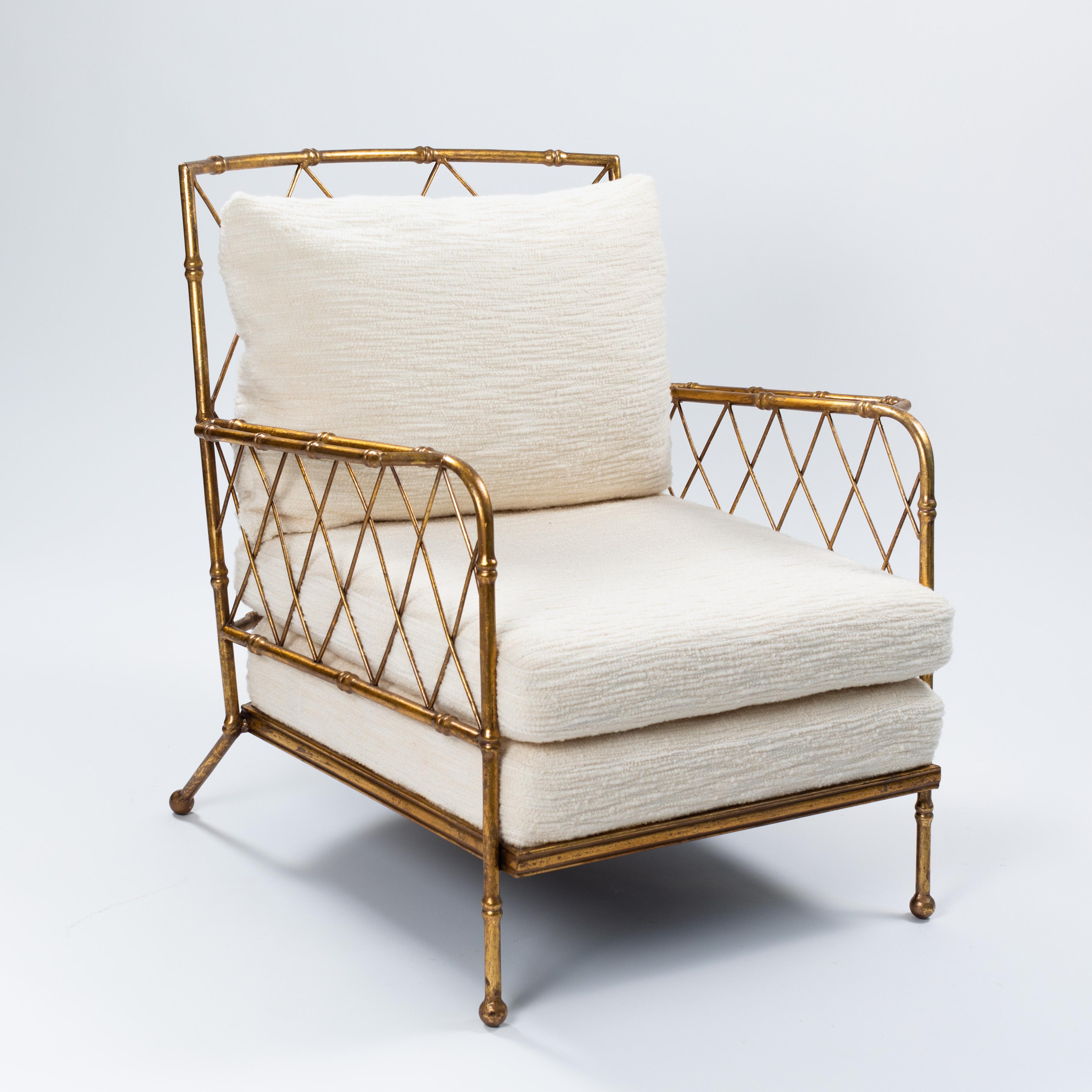 Mid-Century Modern Pair of French Mid-Centruy Gilt Iron Faux Bamboo Armchairs Offwhite Linen, 1980s For Sale