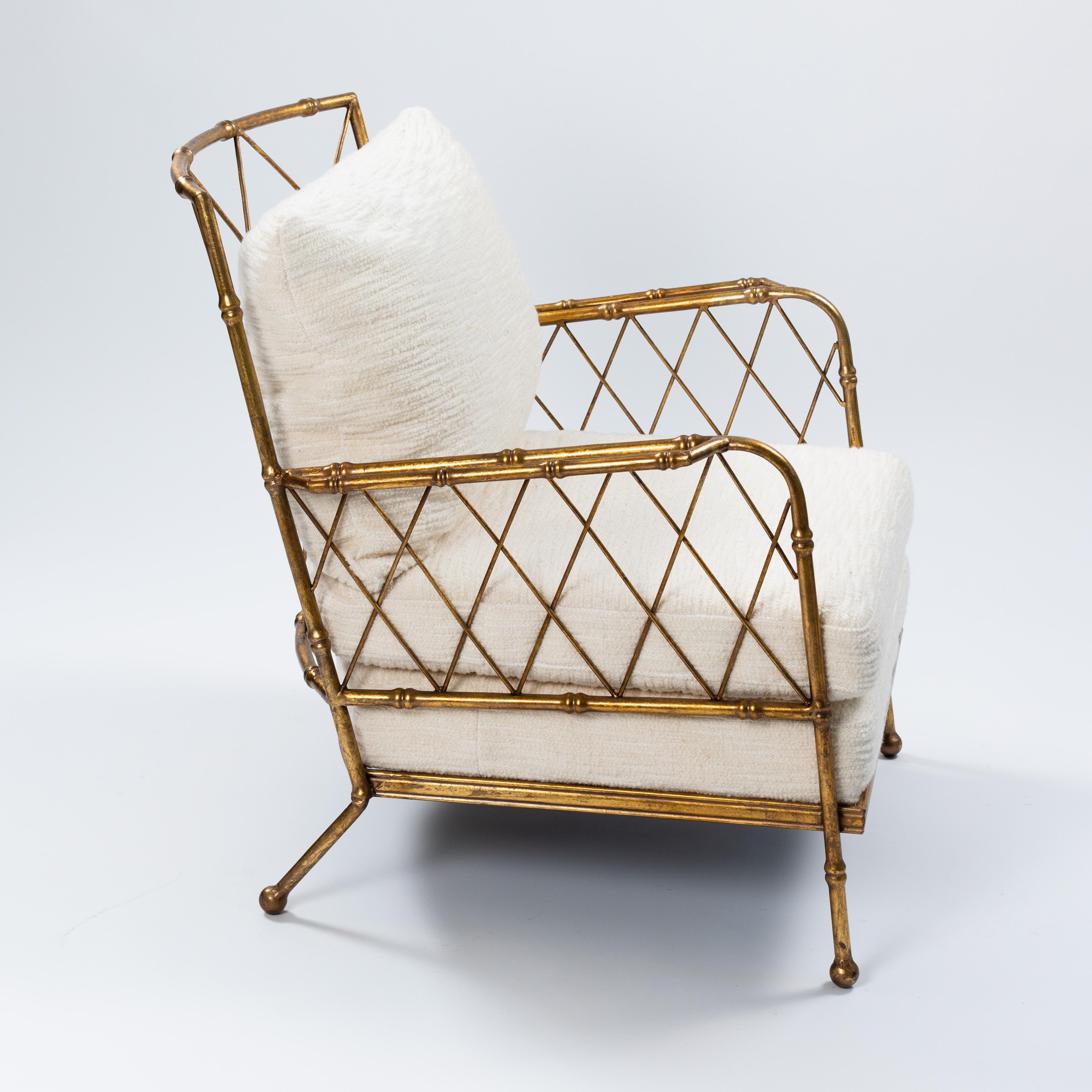 20th Century Pair of French Mid-Centruy Gilt Iron Faux Bamboo Armchairs Offwhite Linen, 1980s For Sale