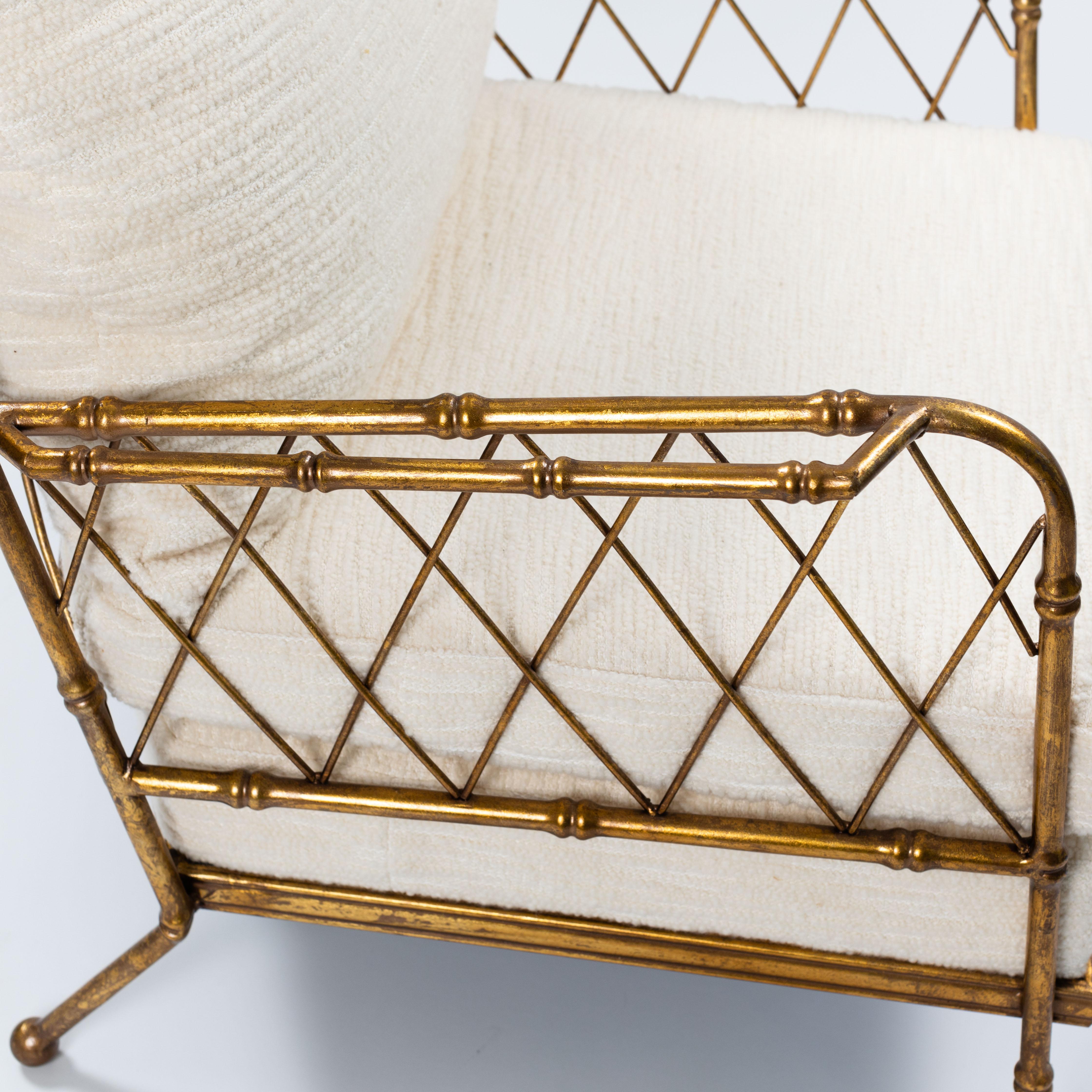 Bouclé Pair of French Mid-Centruy Gilt Iron Faux Bamboo Armchairs Offwhite Linen, 1980s For Sale