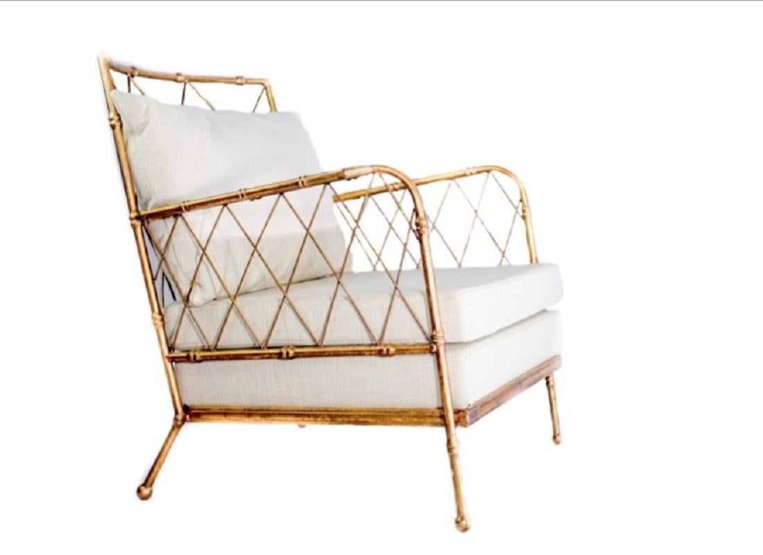 Pair of French Mid-Centruy Gilt Iron Faux Bamboo Armchairs Offwhite Linen, 1980s For Sale 3
