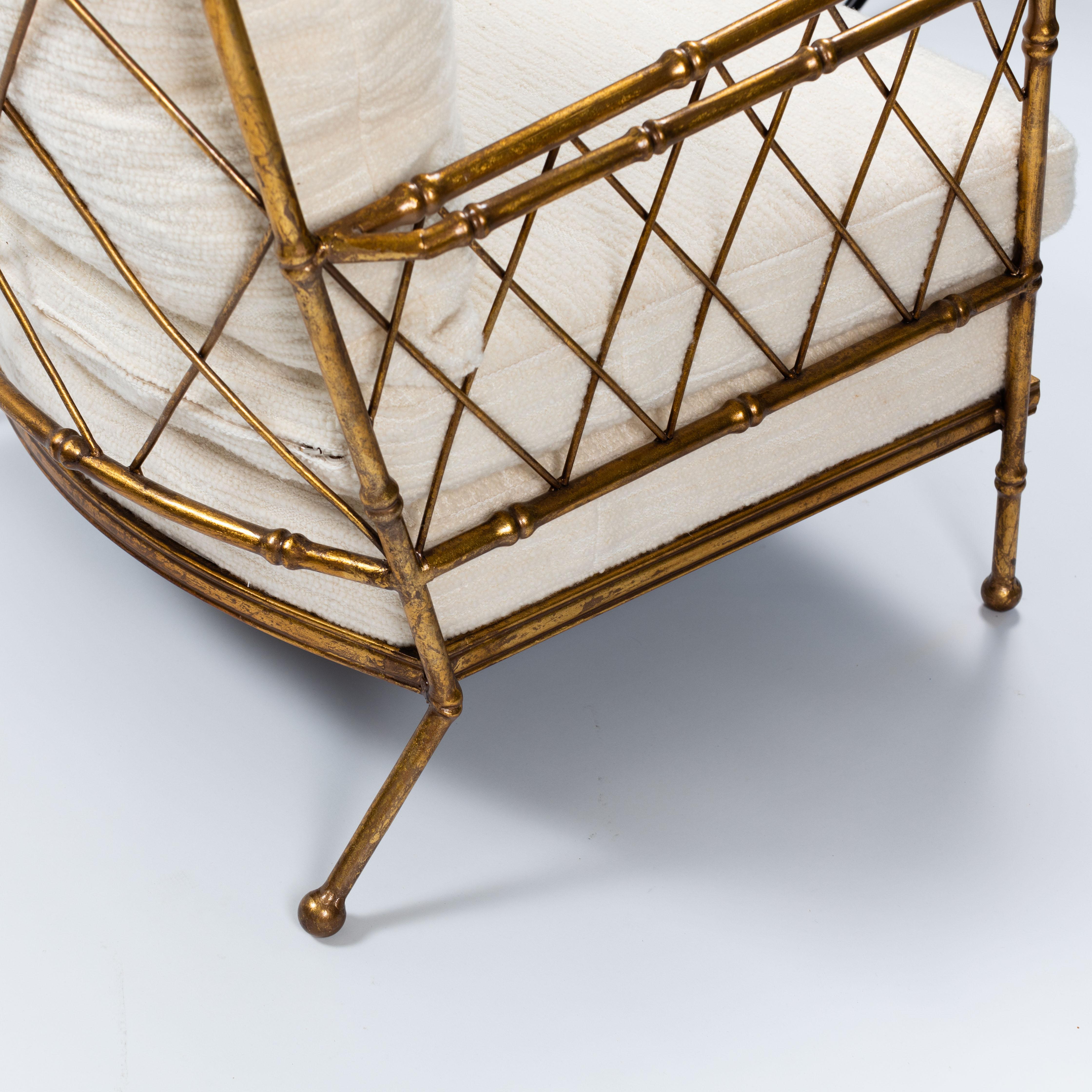 Pair of French Mid-Centruy Gilt Iron Faux Bamboo Armchairs Offwhite Linen, 1980s For Sale 3