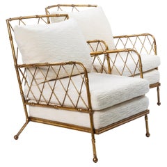 Pair of French Mid-Centruy Gilt Iron Faux Bamboo Armchairs Offwhite Linen, 1980s